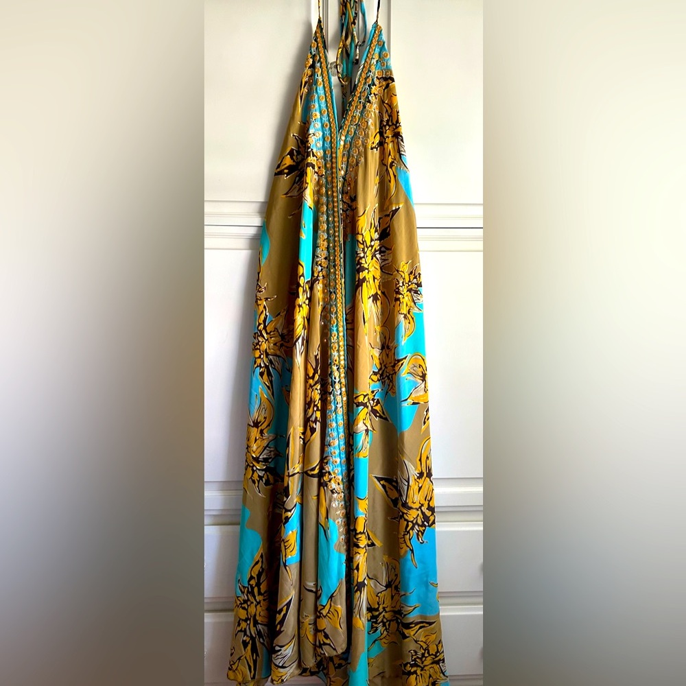 🧡🩵Karma Highway Boho Embellished Mirror Work Halter Maxi Dress Floral OS 🤎🪞 - Picture 10 of 10